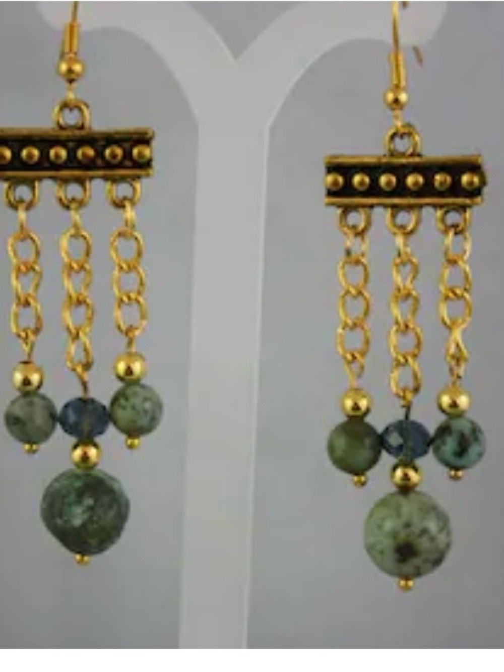Gold-Tone Green Stone Bead Dangle Earrings - Picture 1 of 2